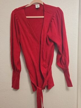CAbi Red Ribbed Wrap Cardigan with Tie Waist